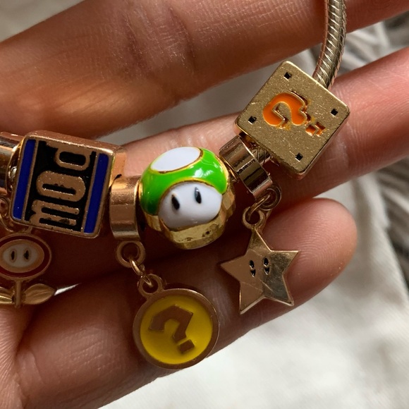 Pandora Rose Gold Pave Heart Clasp Bracelet w/ Super Mario Bros. Themed Charms. - Picture 6 of 14
